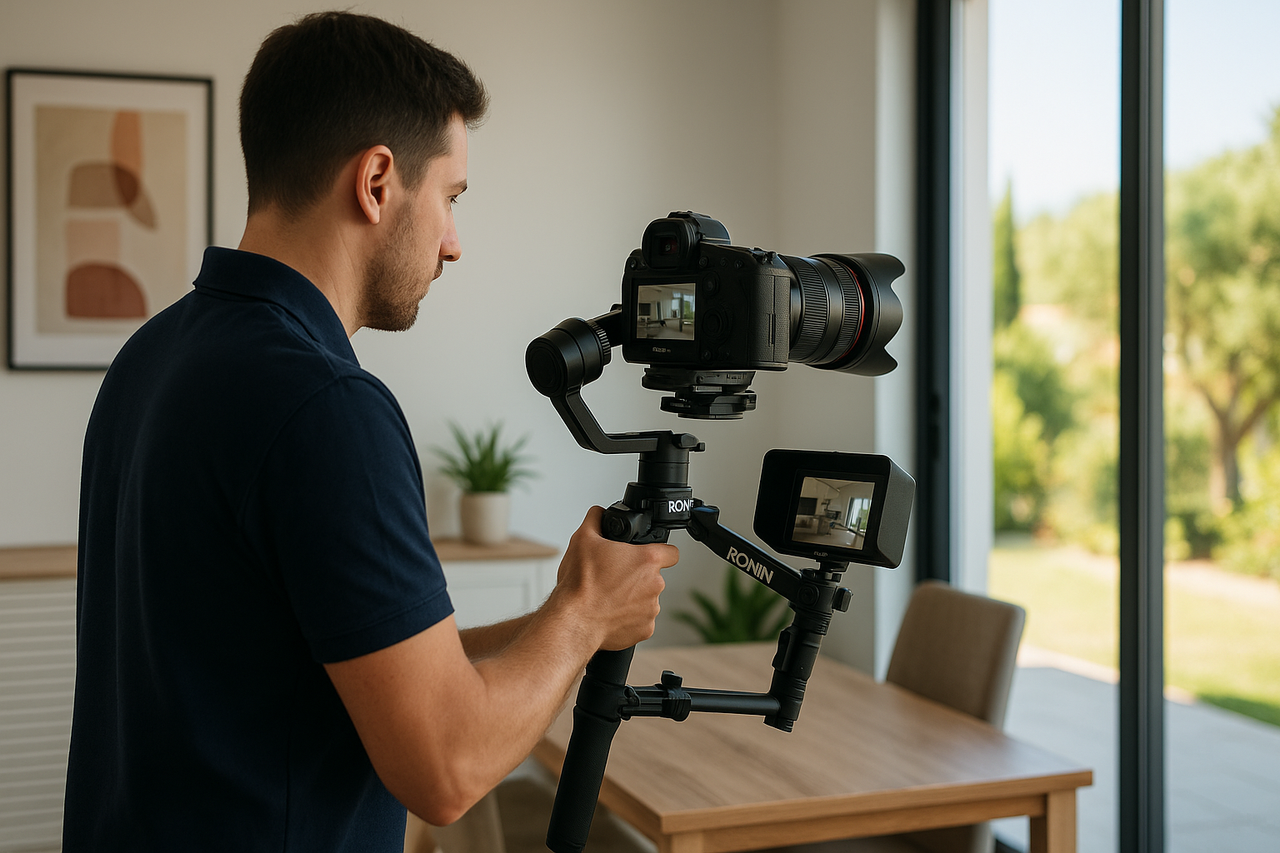 Eye-level view of a professional video camera filming a product demonstration