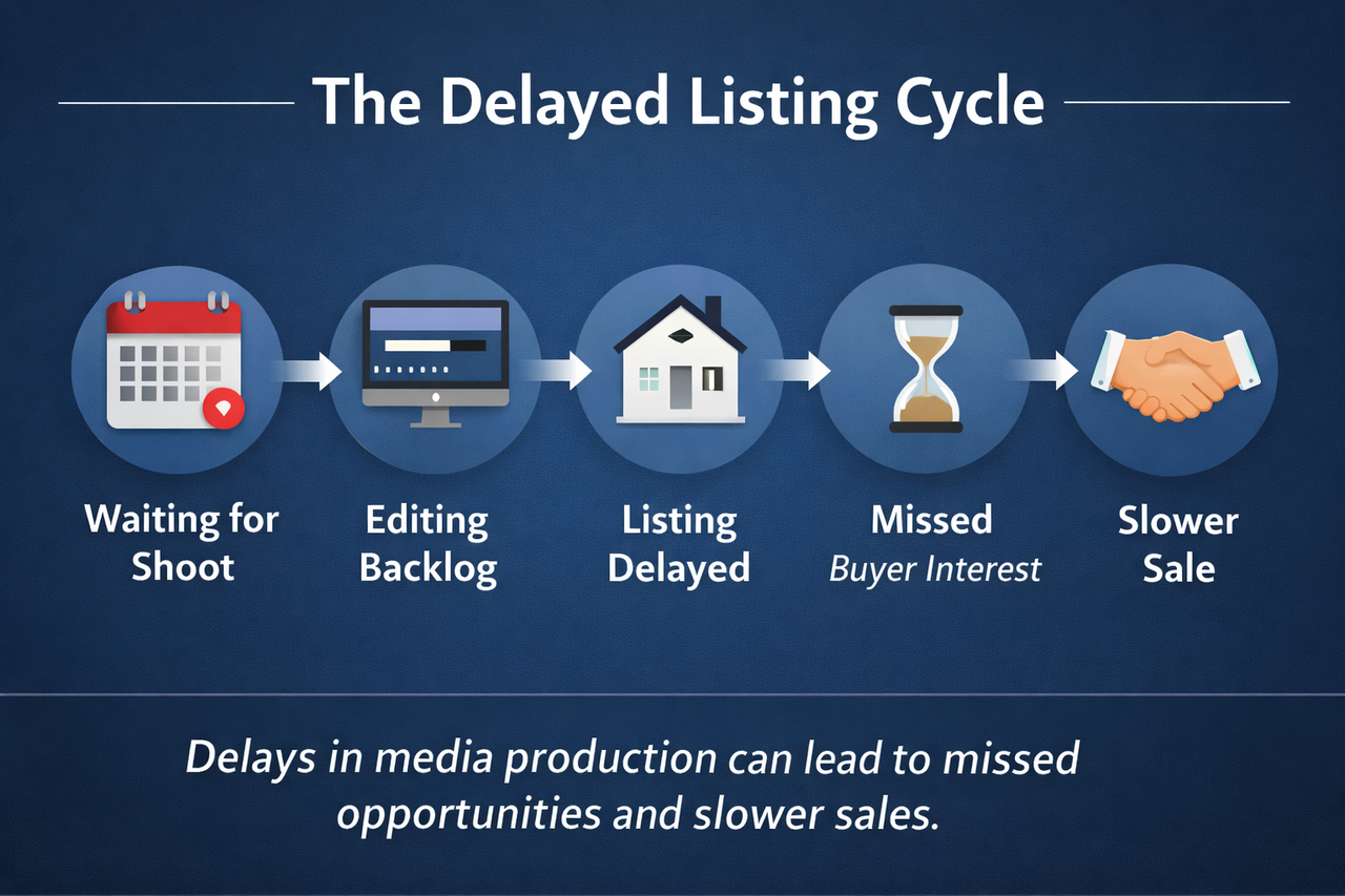 Diagram showing how delays in property photography and media production lead to delayed listings, missed buyer interest, and slower real estate sales