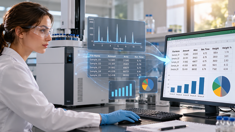 Woman scientist in a lab, wearing goggles and gloves, analyzing sample data on a monitor with charts, tables, and a focused expression.