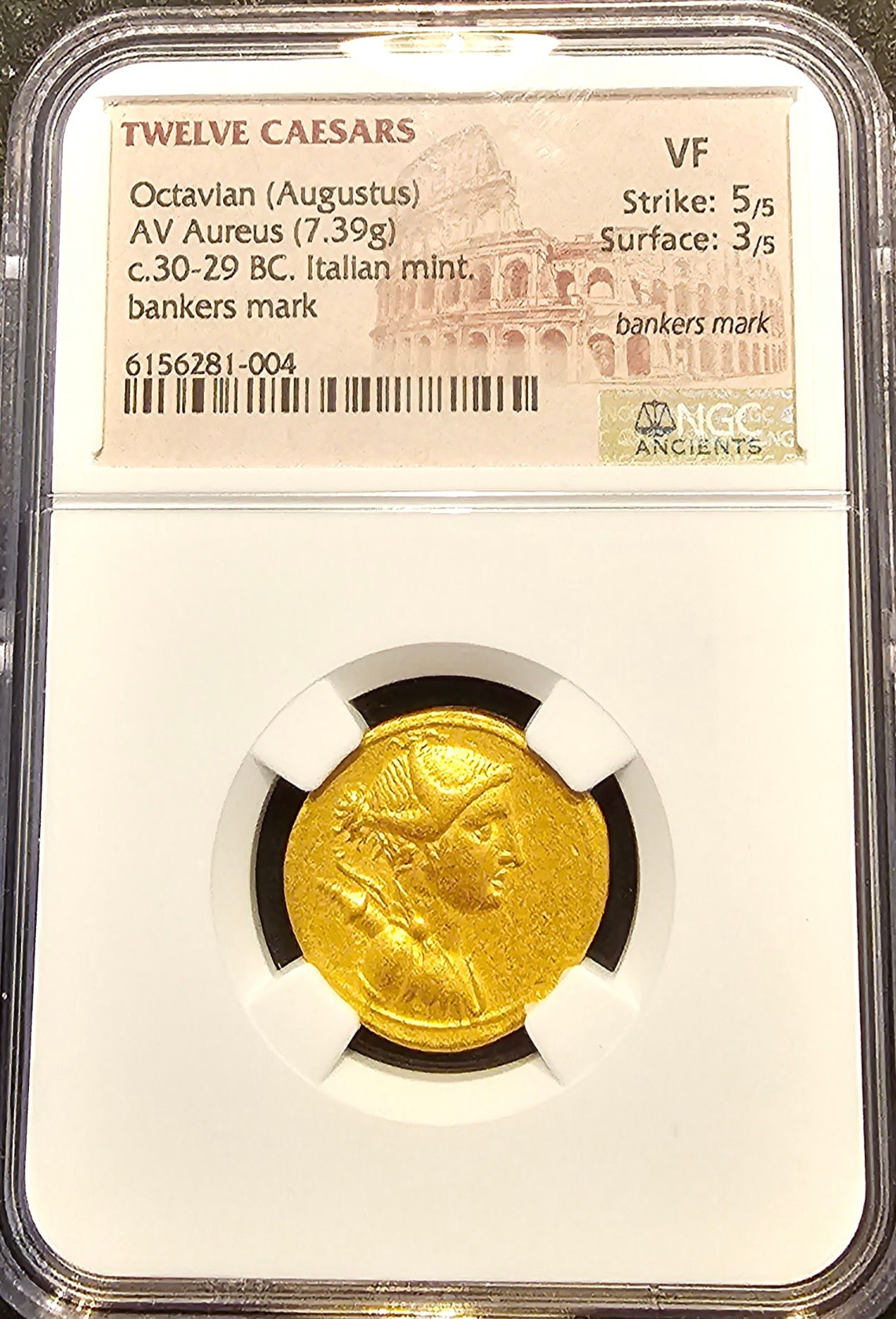 29-30BC AUGUSTUS (OCTAVIAN) AUREUS  VF 5/5 3/5