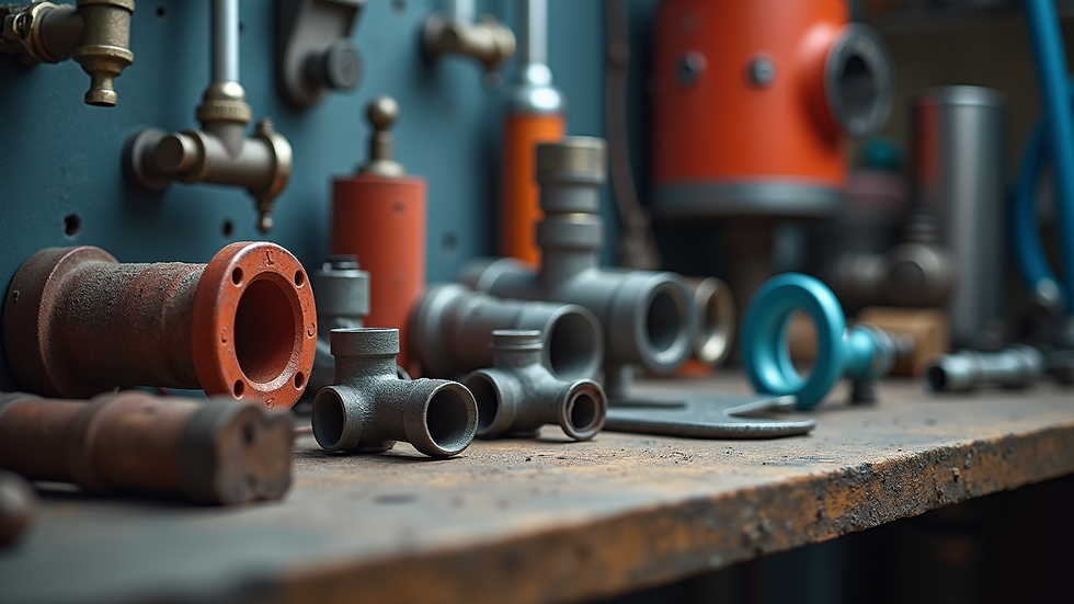 Close-up view of plumbing tools and pipe fittings on a workbench