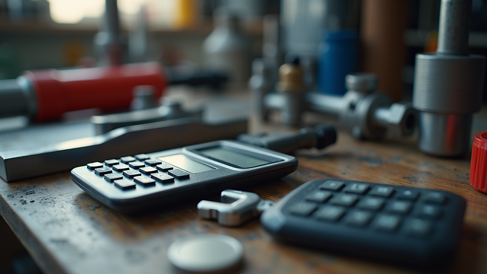 Close-up view of plumbing tools and a calculator on a workbench