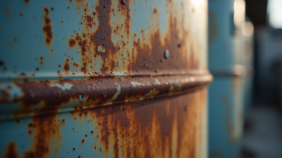 Close-up view of a rusty water heater tank showing corrosion