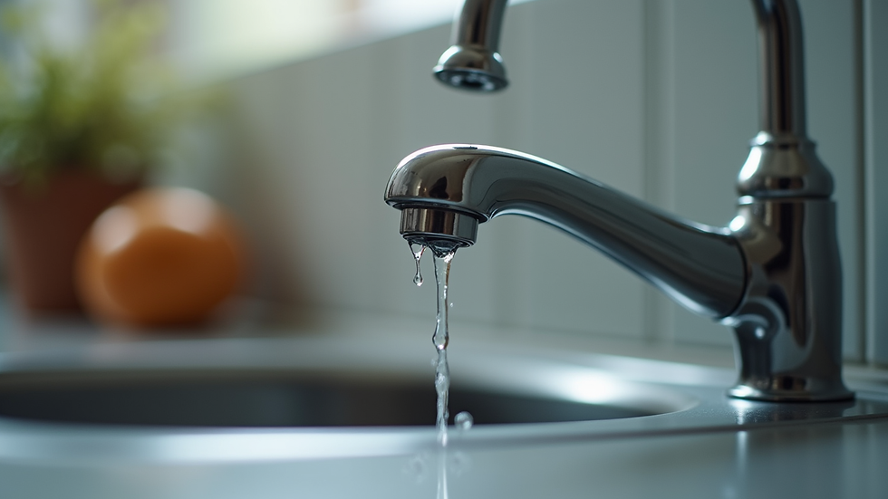 Close-up view of a dripping kitchen faucet needing repair