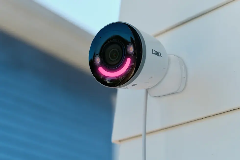 Security camera with pink lights is mounted on a white wall, bearing the text "LOREX." Background features a blurred blue surface.