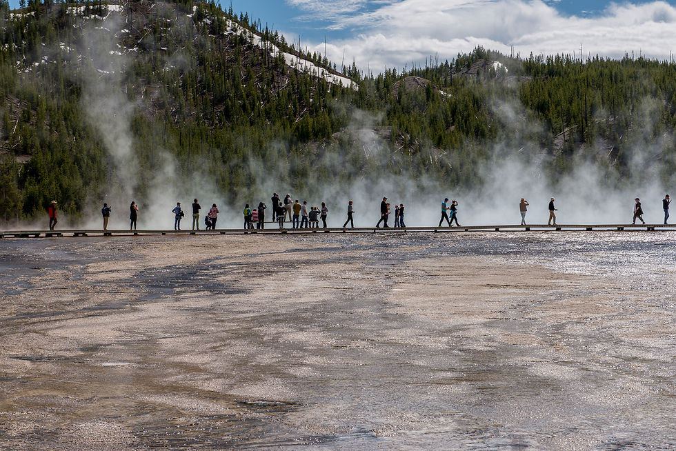 Visitors stand and walk along a boardwalk across a pale geothermal basin, silhouetted against drifting steam.