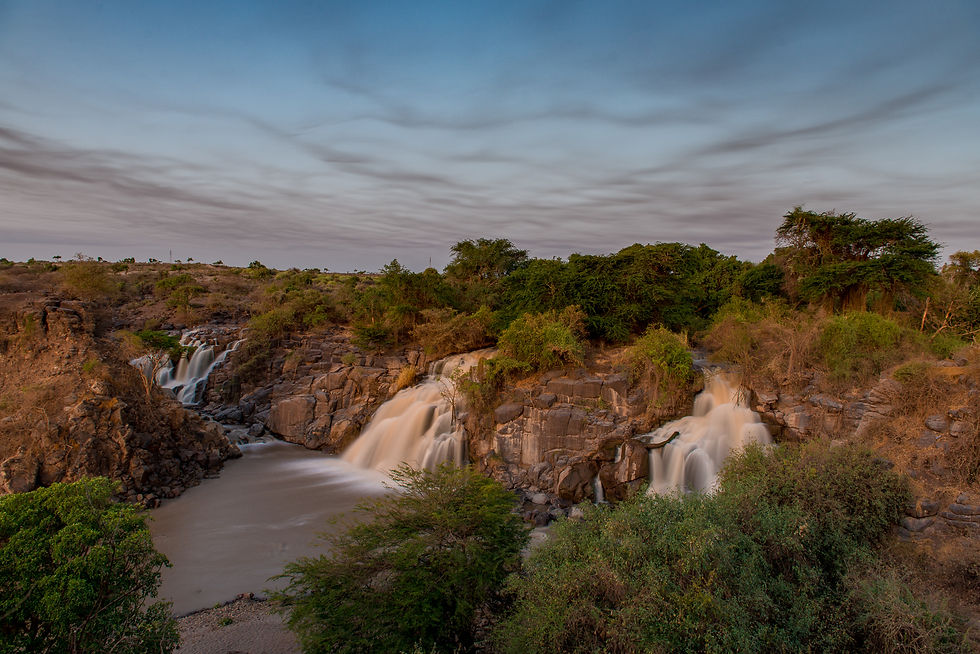 Several streams of water tumble over reddish rocks into a pool in a gorge bordered by green shrubs.