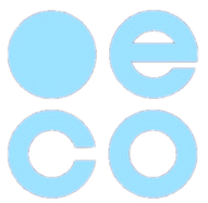 Salty wave eco logo - A circle, the letter E, the letter C and the letter O shaped into a square.