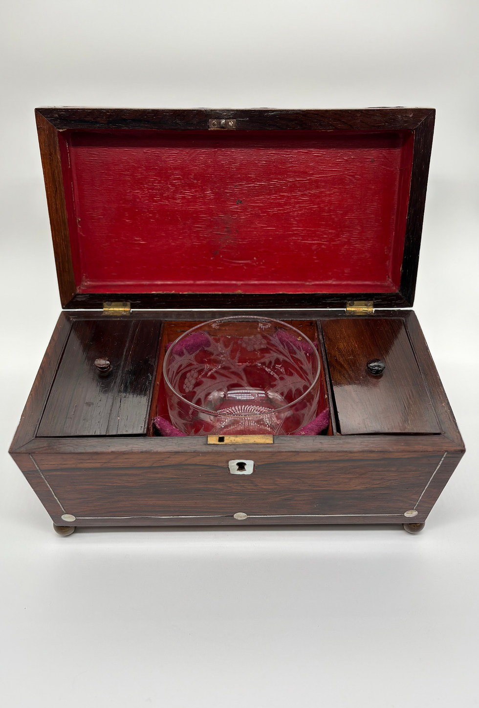 Thumbnail: An early Victorian rosewood and inlaid tea caddy, front view lid open with canister lids