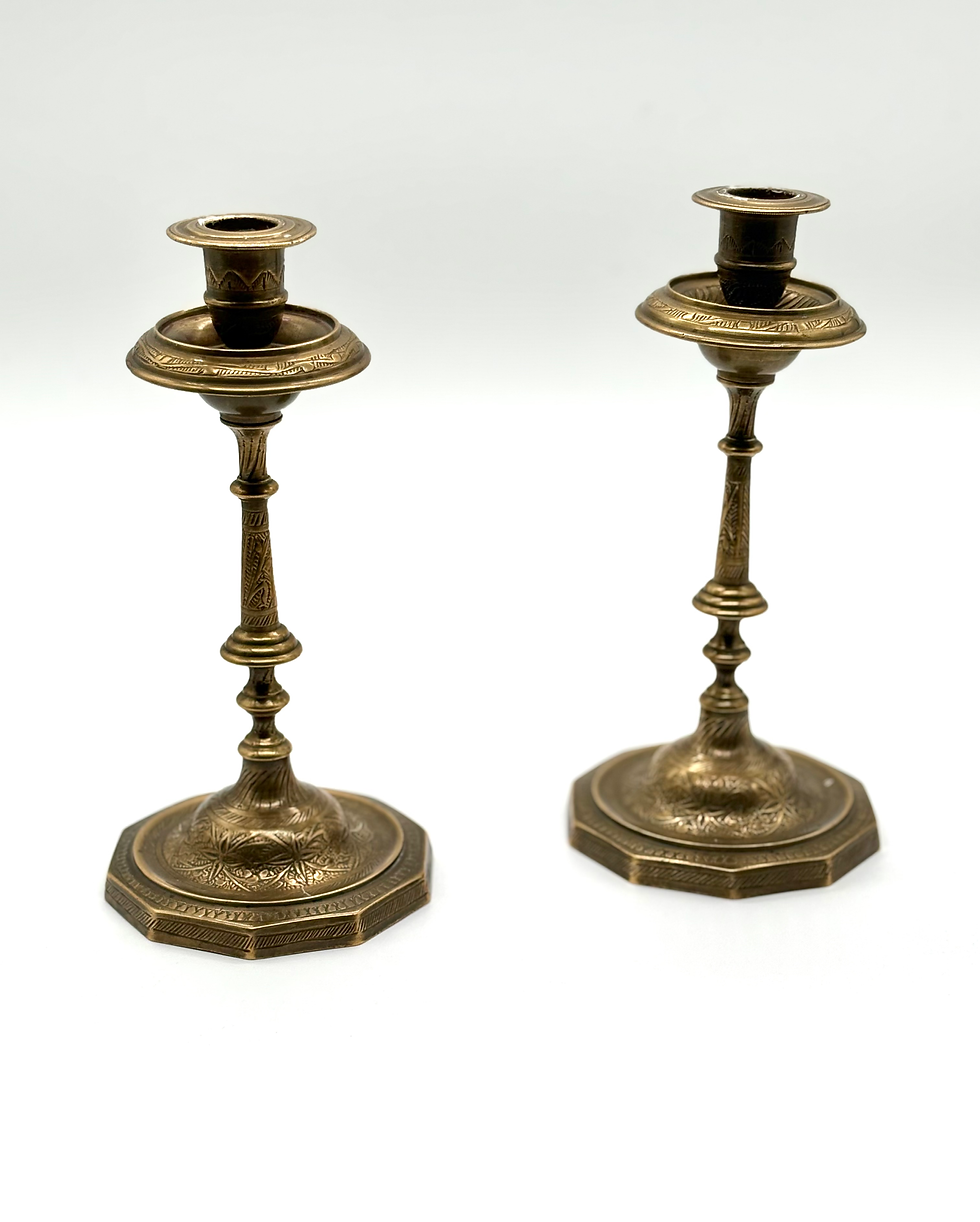 Thumbnail: pair of early 20th century Anglo-Indian brass candlesticks, left view