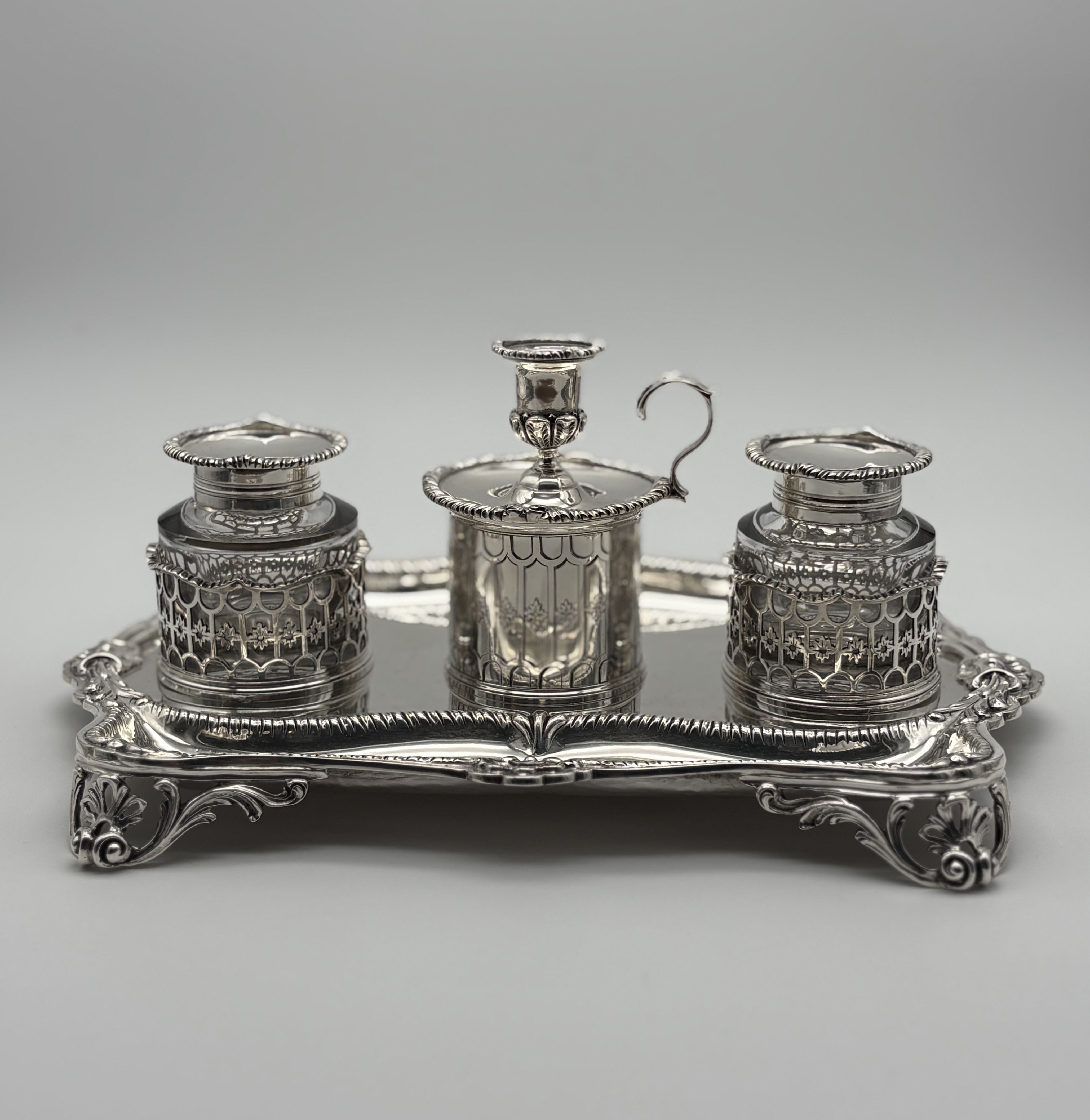 Victorian hallmarked silver desk standish by Charles & George Fox
