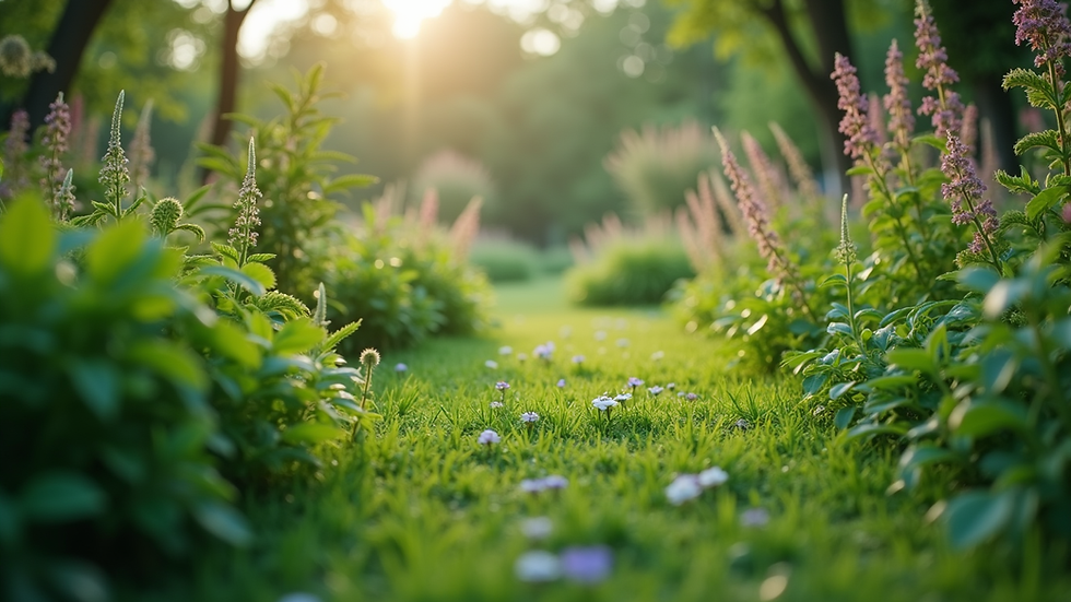 Eye-level view of a lush green garden with diverse plants