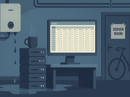 A dimly lit server room with a leaking water heater dripping onto a stack of servers beside a desk. A computer monitor displays a spreadsheet, and there's a coffee mug placed on top of the servers. The floor is wet, indicating water damage risk. A bicycle is seen near a door labeled "Server Room." The scene suggests poor data infrastructure and maintenance.