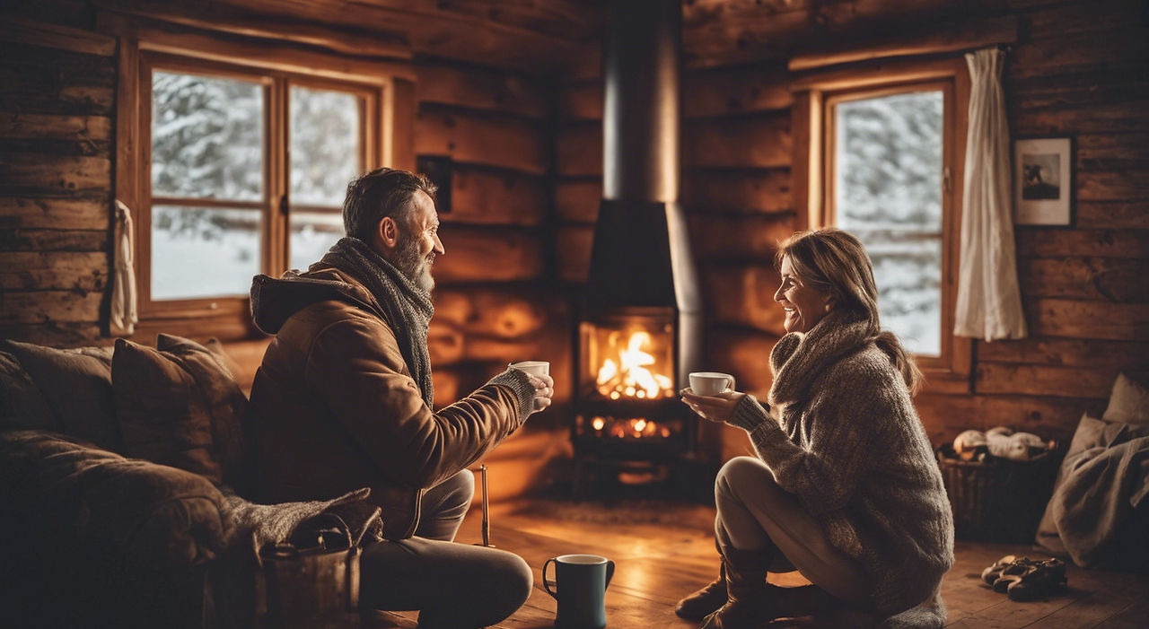 40 year old couple with coffee sitting by a fire place in a cabin.jpg