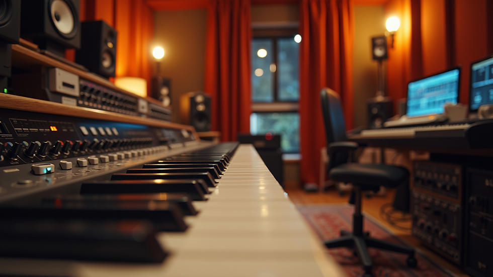 Eye-level view of a recording studio with sound equipment and instruments