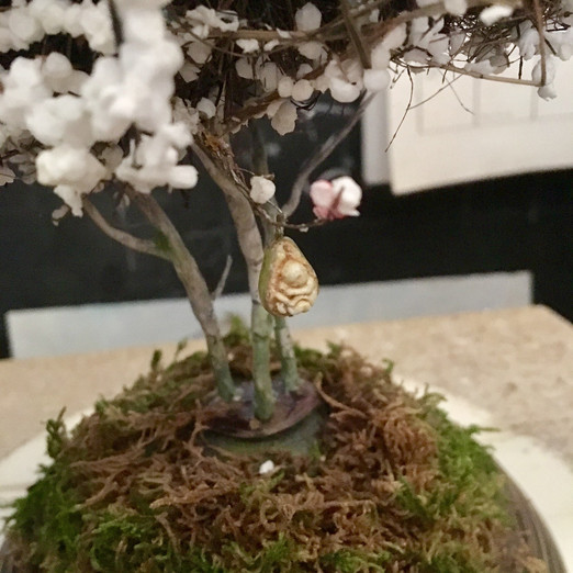 Custom music box works, rotating  miniature tree, custom 'embryo fruit" detail