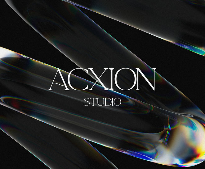 Logo ACXION STUDIO su sfondo nero con effetti vetrosi
