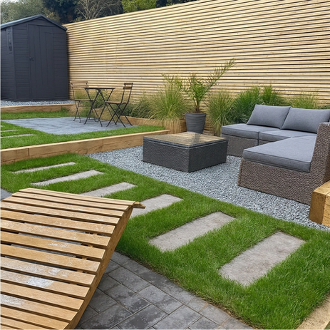 Contemporary terraced garden with timber retaining walls, gravel seating area, stepping stones and ornamental grasses.