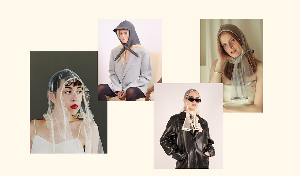 Collage of four fashion portraits of women in sheer bonnets and veils, wearing neutral outfits and dark leather, posed against soft backdrops