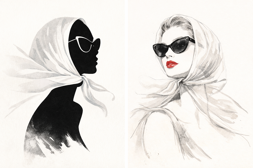 Abstract fashion illustration featuring feminine silhouettes with sculptural headwear inspired by vintage scarf styling.