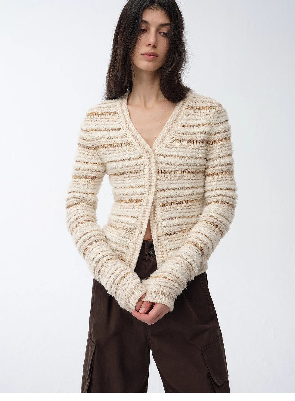 Thumbnail: "Nice Weekend" Striped Mixed Woven V-Neck