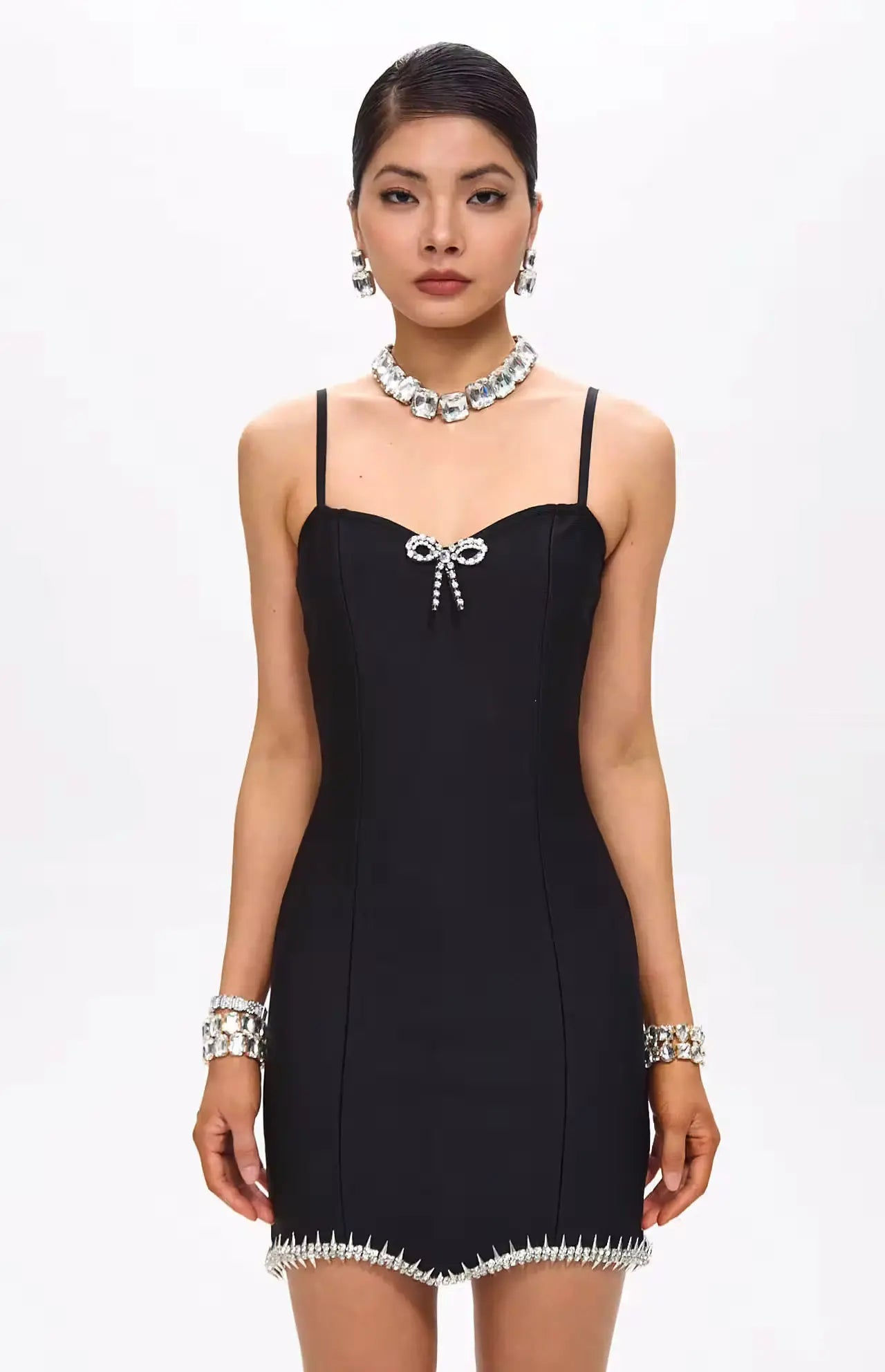 Jina Embellished Crystal Bow Bandage Mini Dress Black