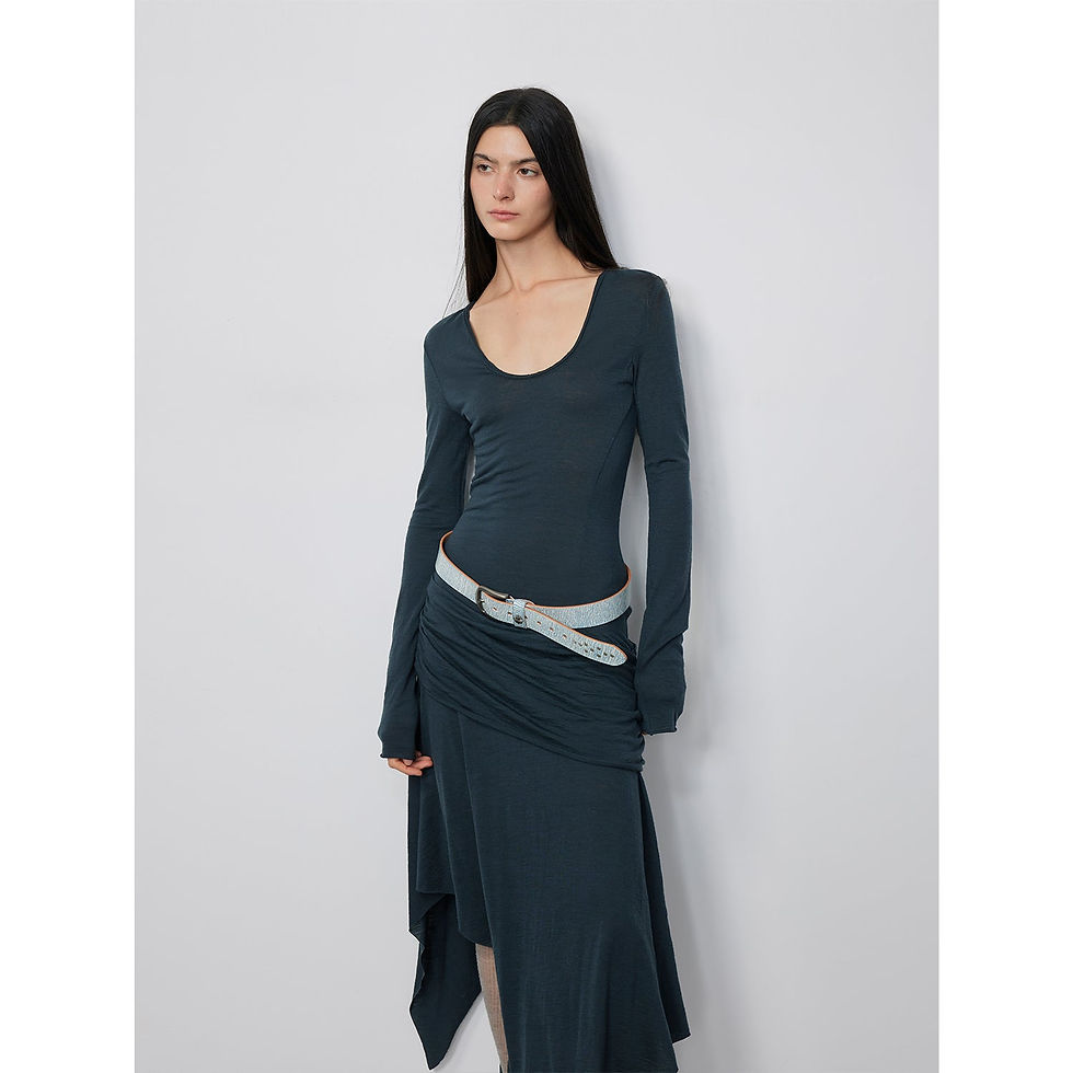 Miniatura: Lightweight and Breathable 100% Wool / U-Neck Irregular Hem Long Dress for Women