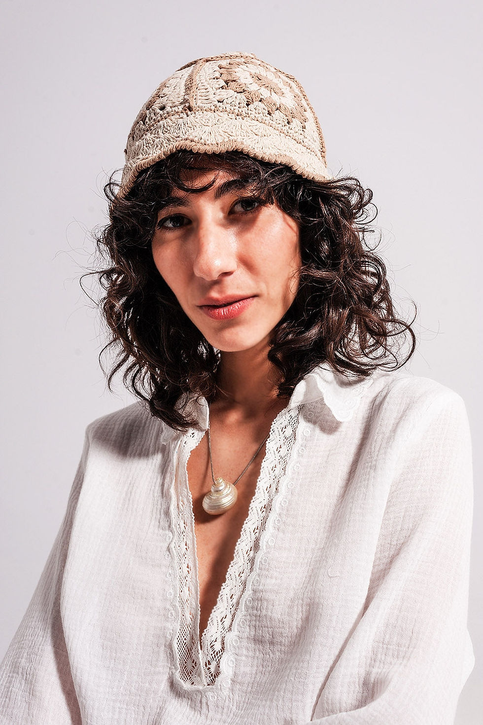 Thumbnail: Crochet Bucket Hat With Daisy Detail in Beige
