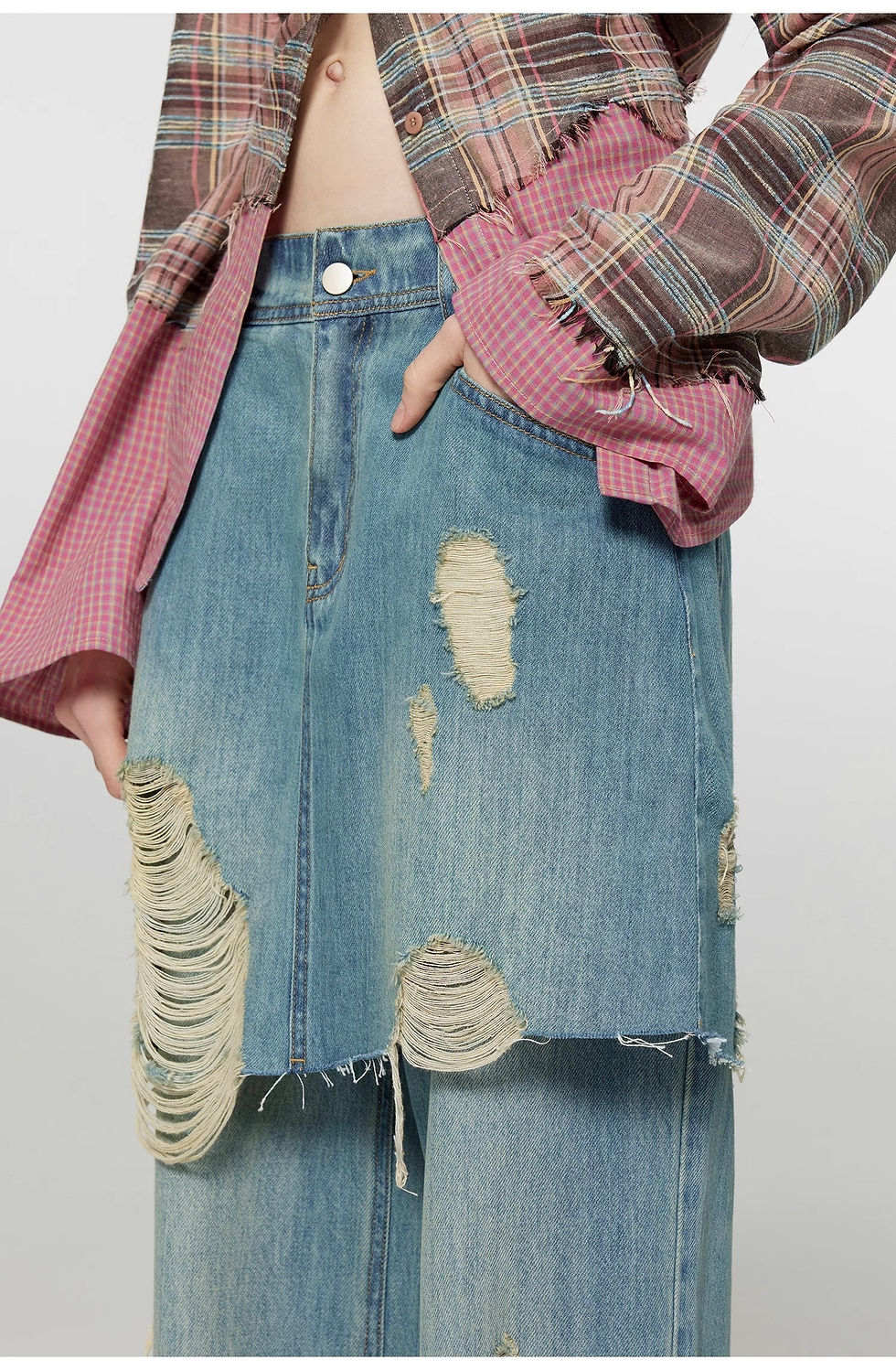 Thumbnail: "Fashionable Sniper"Jeans Women's Ripped Raw Edge Straight Wide-Leg Pants