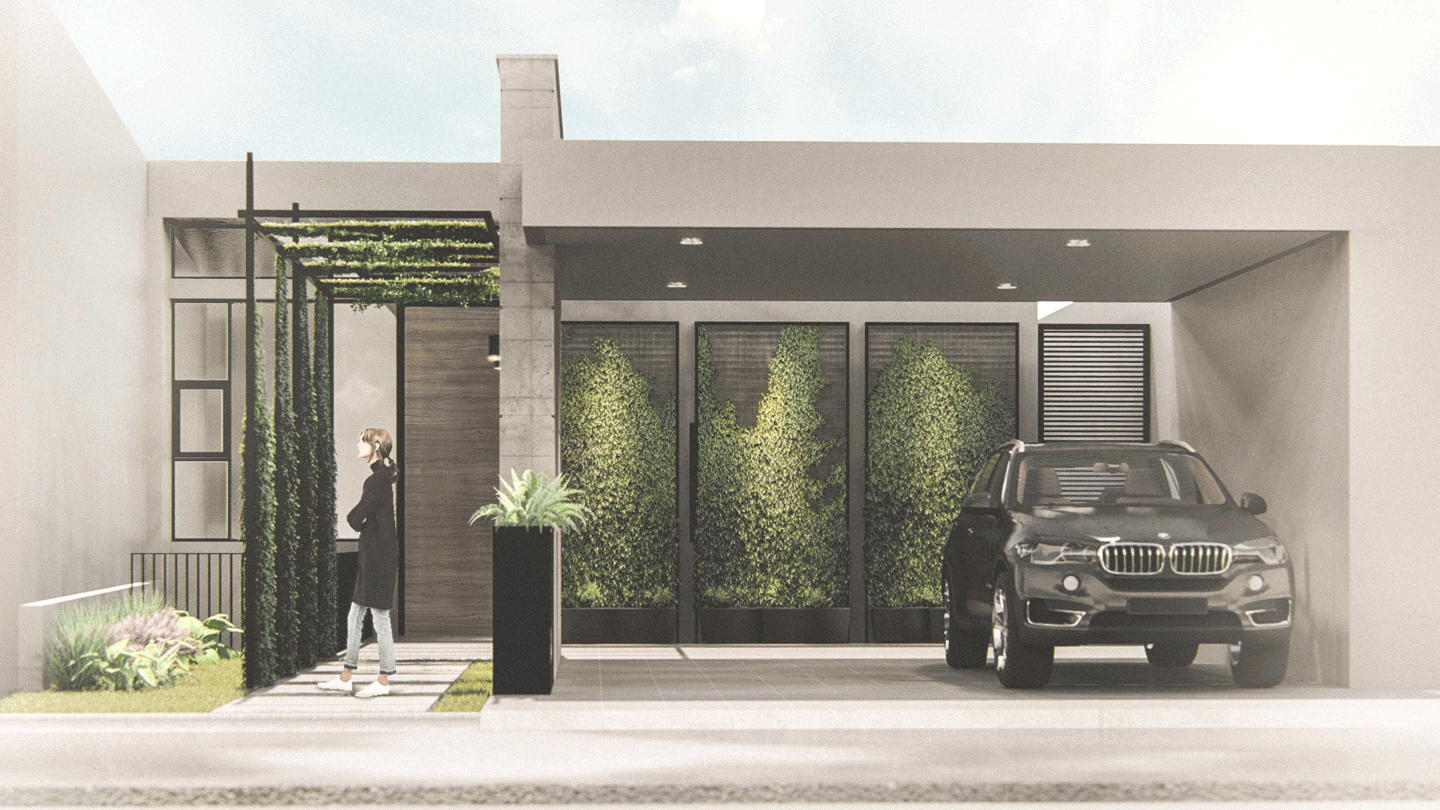 GIF Render exteior de fachada verde y cubierta en acceso de Residencia Vista Escorial, Gif diferentes fachadas, render entrada casas monterrey, vegetacion como sombrilla, vegetacion como adorno, enredaderas en estructuras metalicas