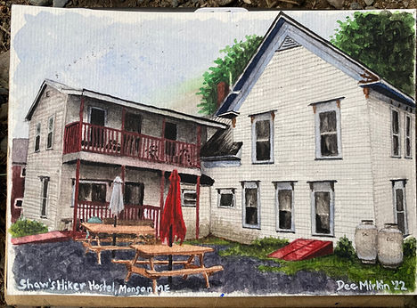 Realistic watercolor painting portrait of Shaw’s Hiker Hostel along the Appalachian Trail