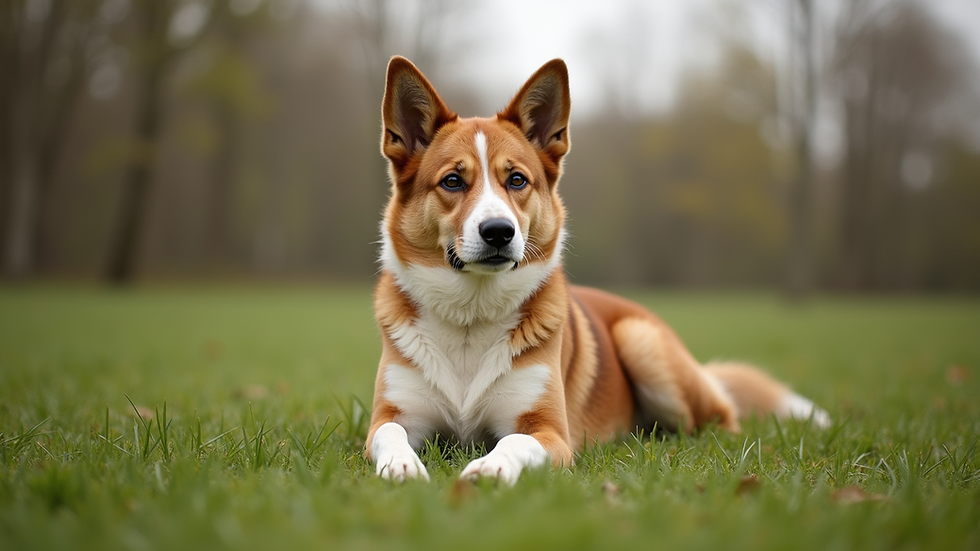 Eye-level view of a dog sitting calmly on a grassy field