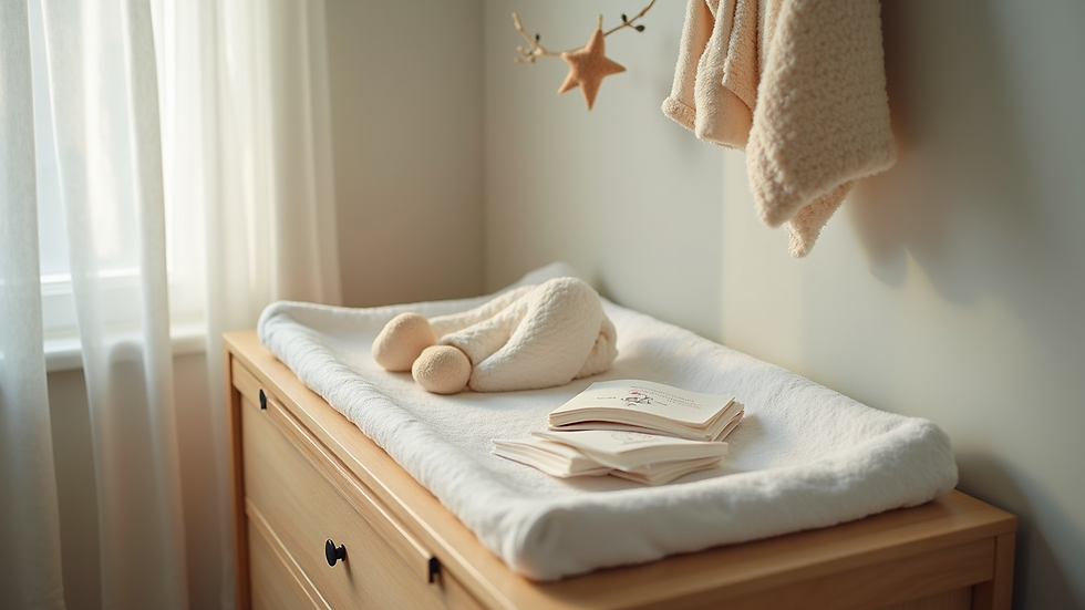 High angle view of a changing table filled with baby essentials