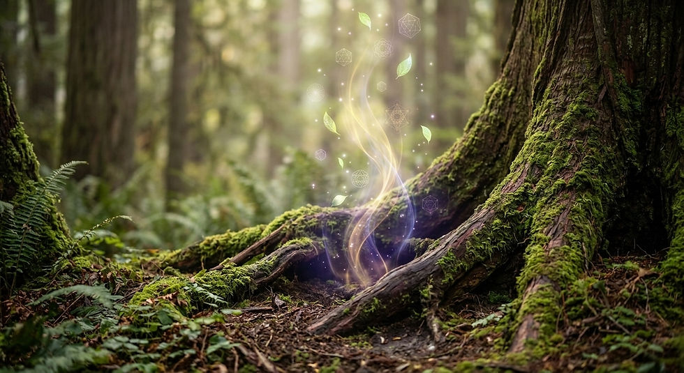 Luminous golden-violet light rising from rich earth and mossy roots, transmuting into glowing geometric particles and breath-like streams of energy in a quiet, ancient forest.