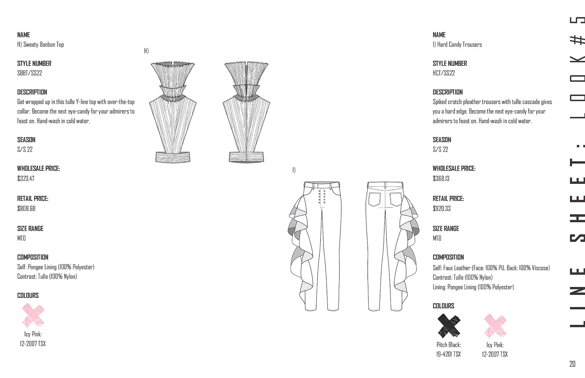 Line Sheet: Look #5 - technical flats and product details 