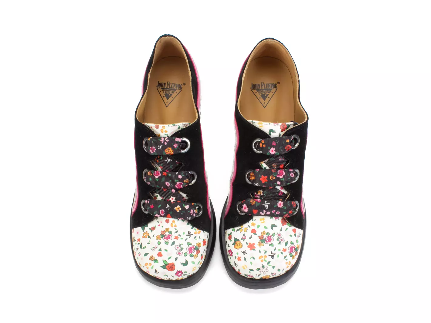 John Fluevog FW23 Ditsy Floral: Stop It Fermare brogued lace up heel detail