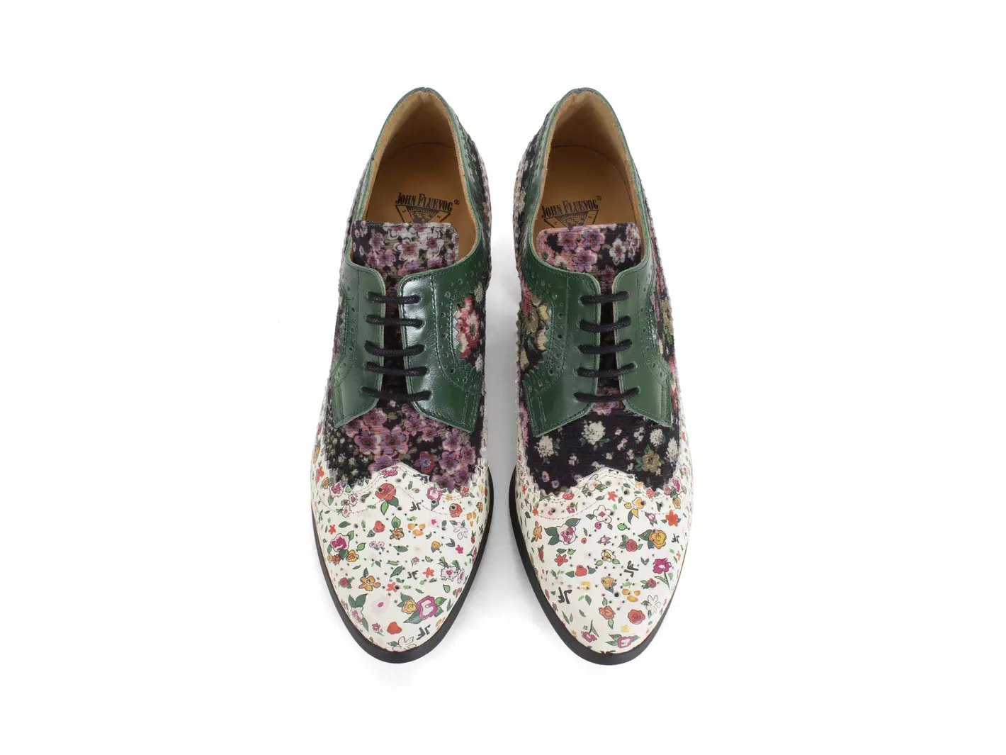 John Fluevog FW23 Ditsy Floral: Sole Talk Dr. Gunter green florals brogued lace up heels detail