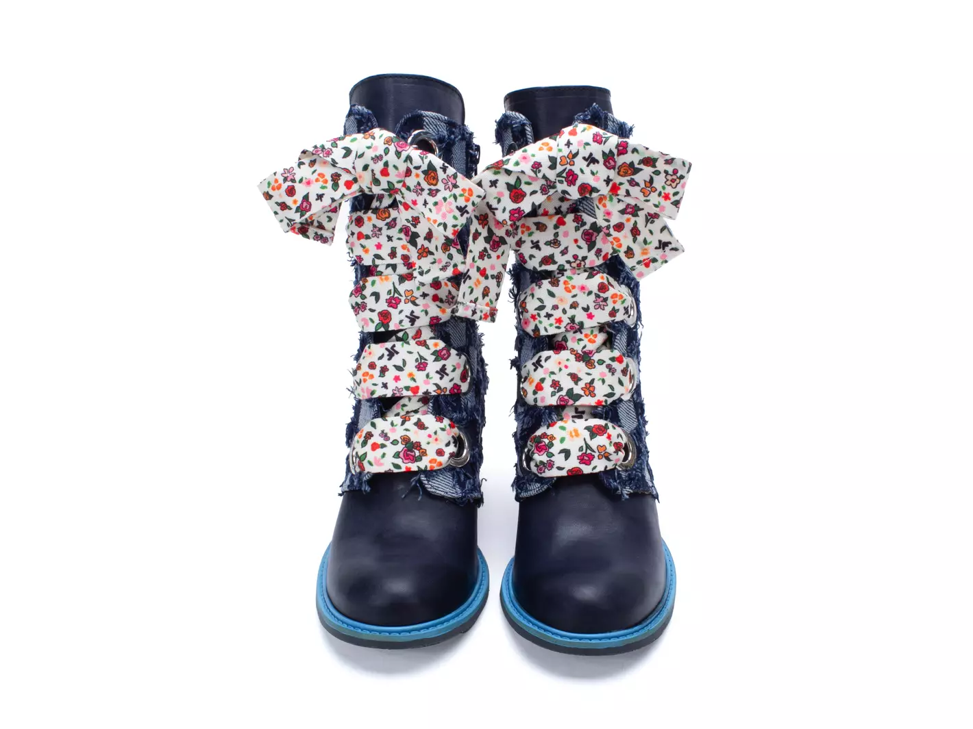 John Fluevog FW23 Ditsy Floral: East End Gladstone denim mid calf lace up boot detail