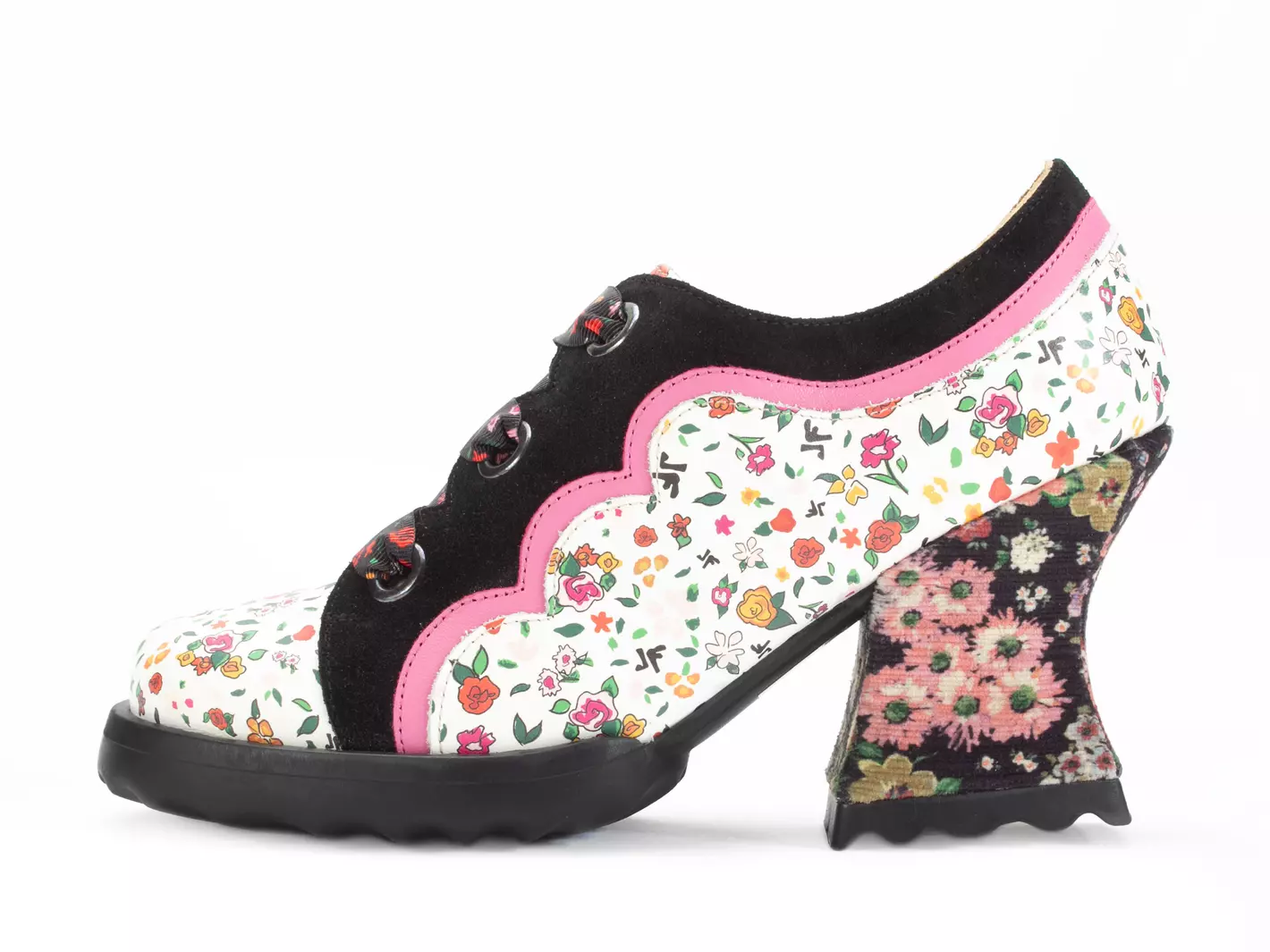 John Fluevog FW23 Ditsy Floral: Stop It Fermare brogued lace up heel detail