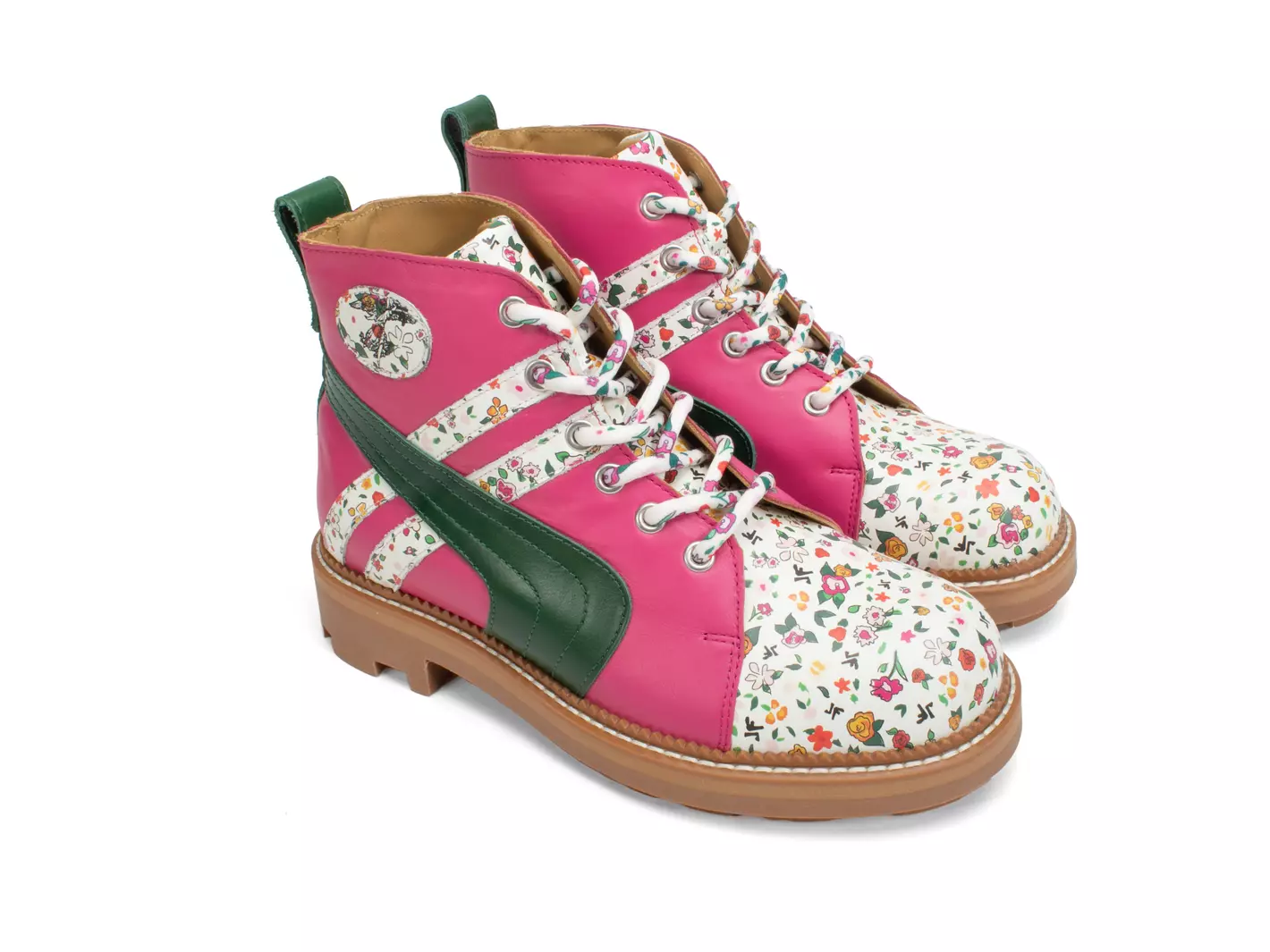 John Fluevog FW23 Ditsy Floral: 7th Heaven Whitty pink floral retro lace up boot detail