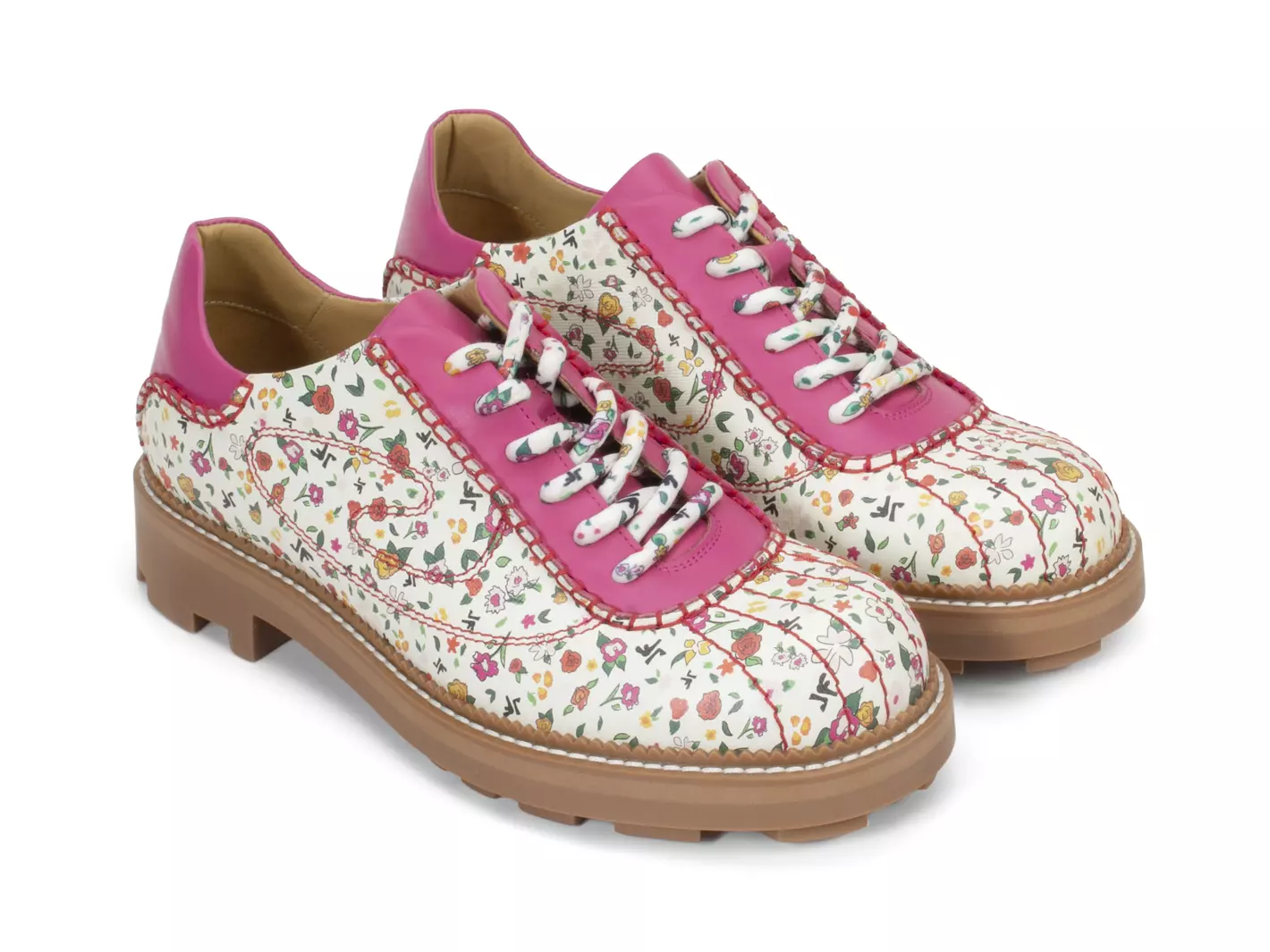 John Fluevog FW23 Ditsy Floral: 7th Heaven Hime pink floral retro contrast stitching detail