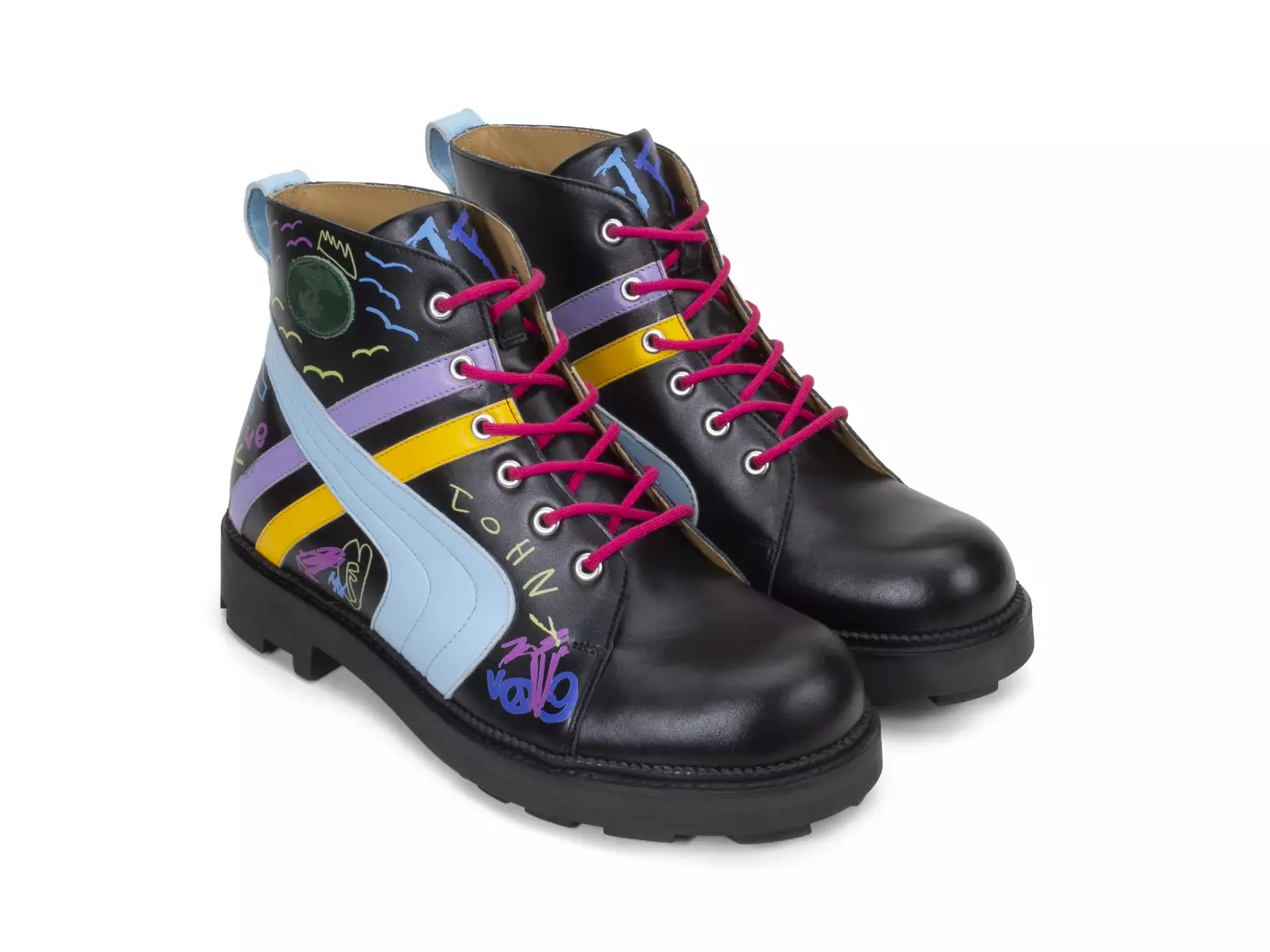 John Fluevog FW23 Kids Print: 7th Heaven Whitty kids print retro lace up boot detail