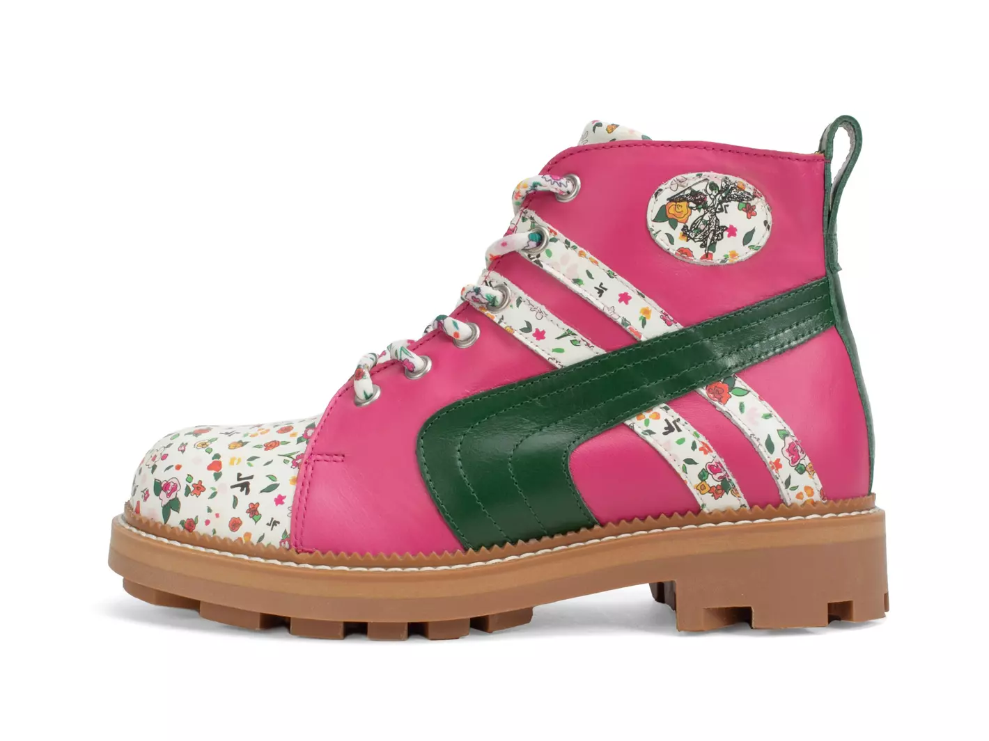 John Fluevog FW23 Ditsy Floral: 7th Heaven Whitty pink floral retro lace up boot detail