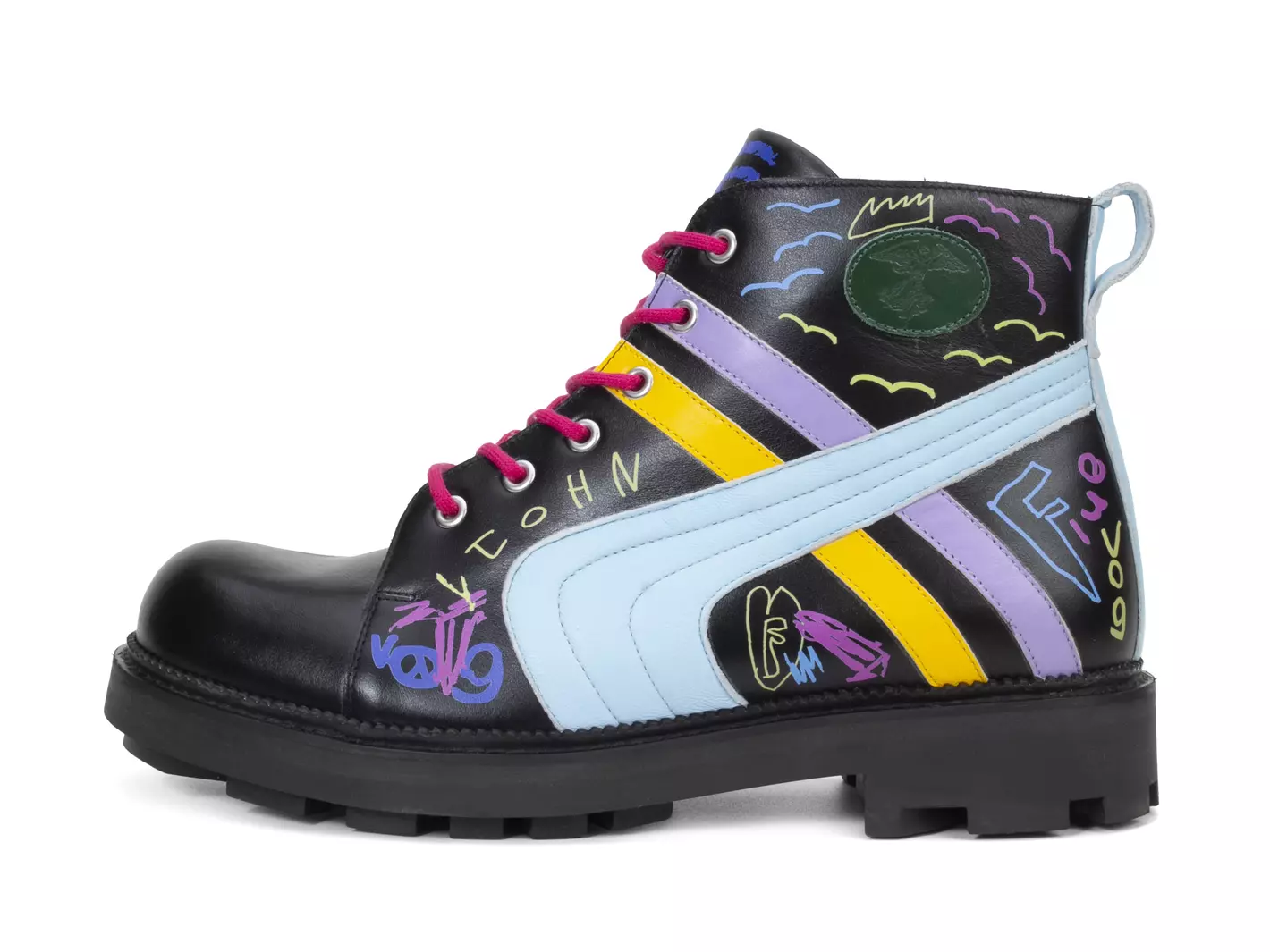 John Fluevog FW23 Kids Print: 7th Heaven Whitty kids print retro lace up boot detail