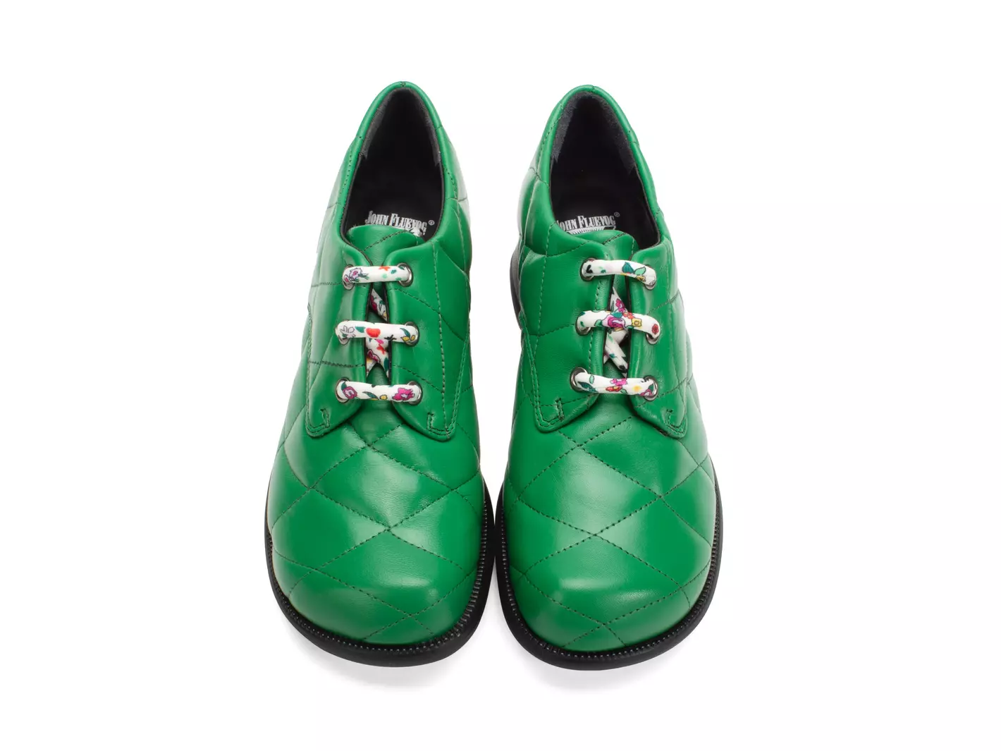 John Fluevog FW23 Ditsy Floral: Thrillvogs Maika green quilted lace up heels detail