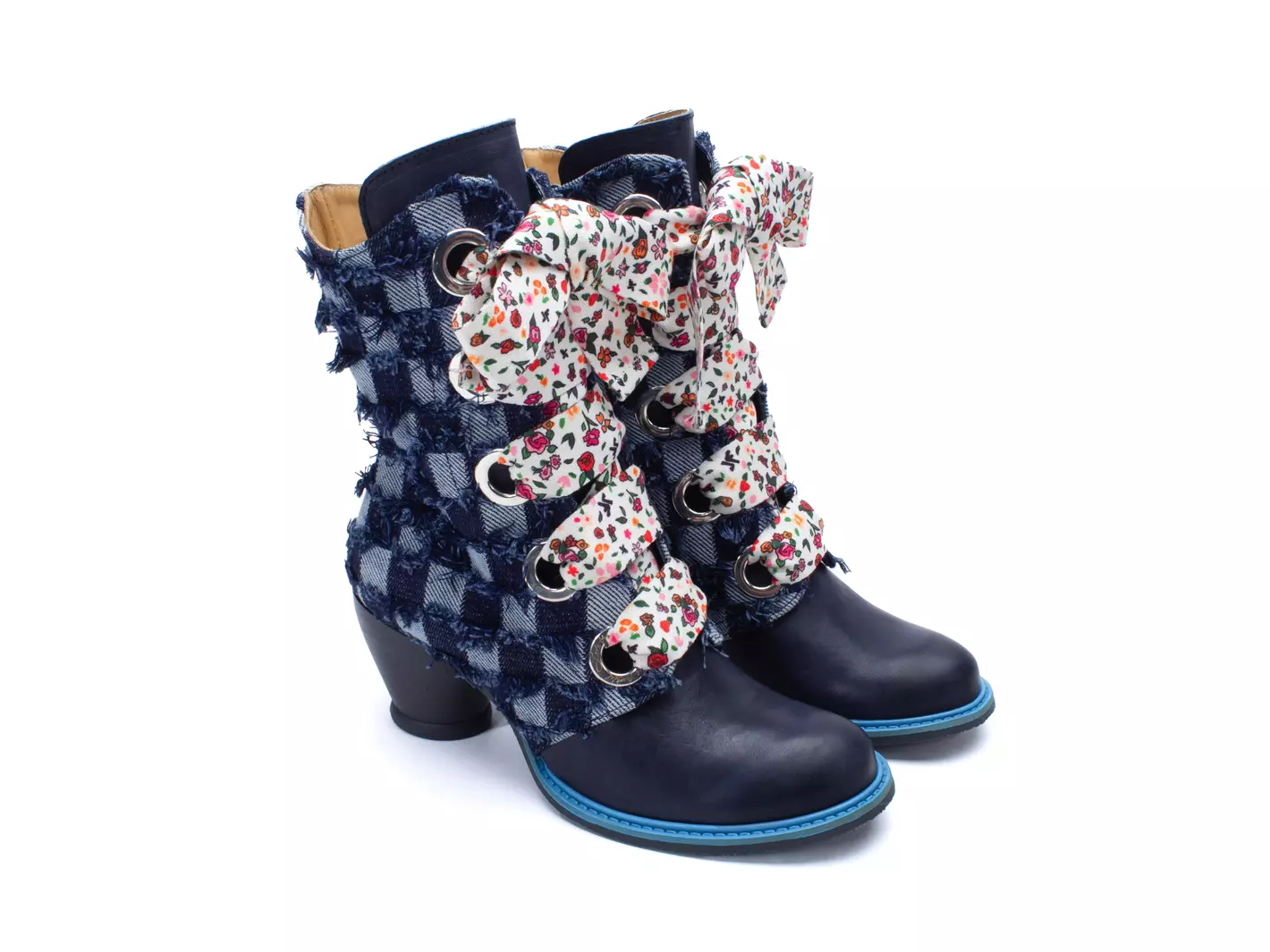 John Fluevog FW23 Ditsy Floral: East End Gladstone denim mid calf lace up boot detail