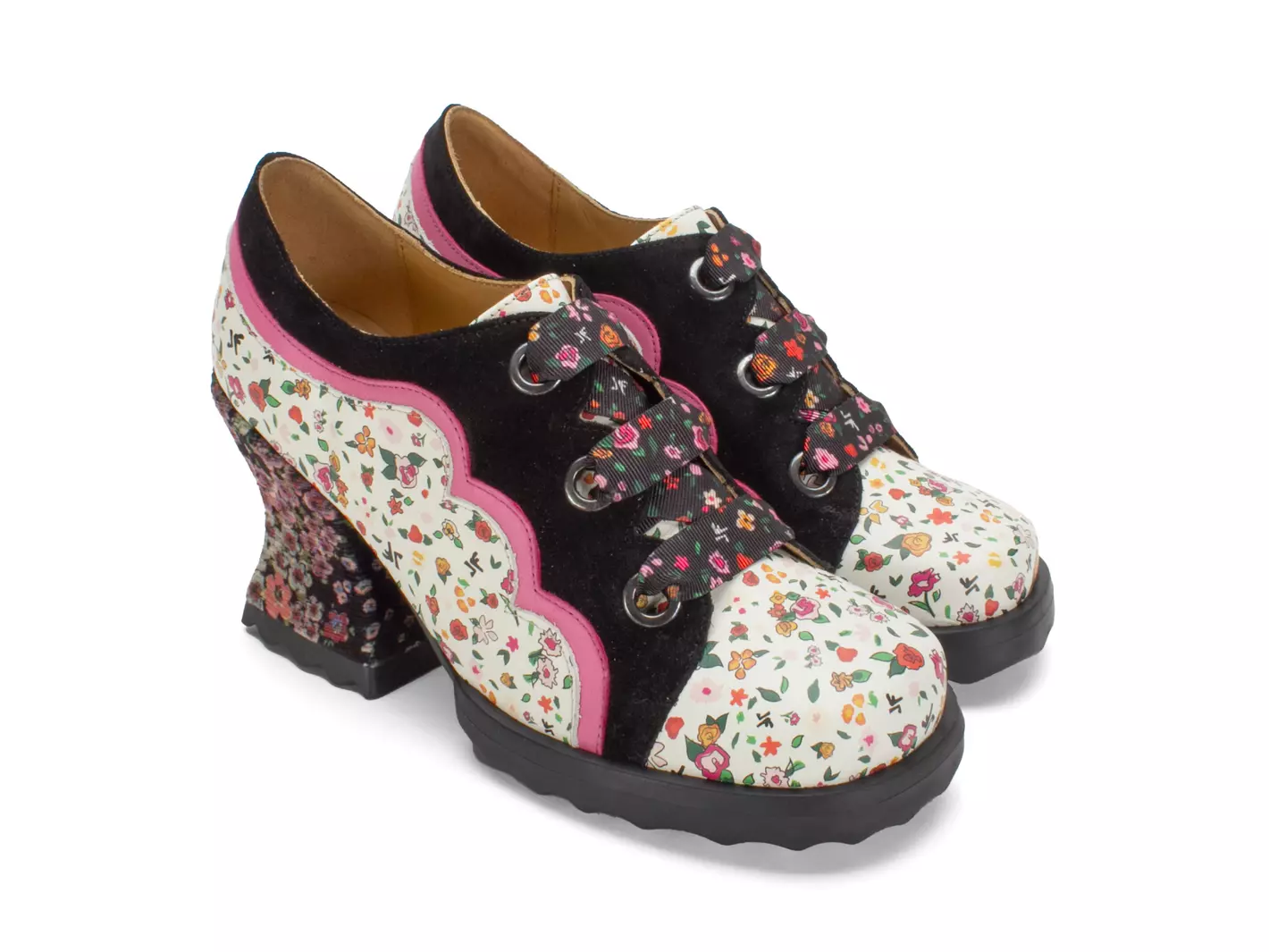 John Fluevog FW23 Ditsy Floral: Stop It Fermare brogued lace up heel detail