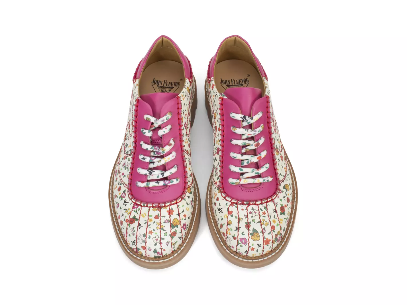 John Fluevog FW23 Ditsy Floral: 7th Heaven Hime pink floral retro contrast stitching detail