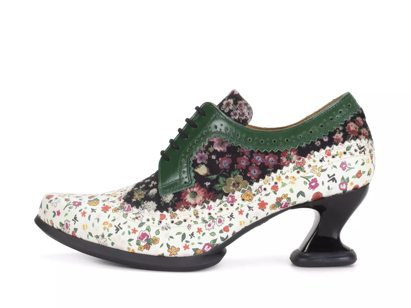 John Fluevog FW23 Ditsy Floral: Sole Talk Dr. Gunter green florals brogued lace up heels detail