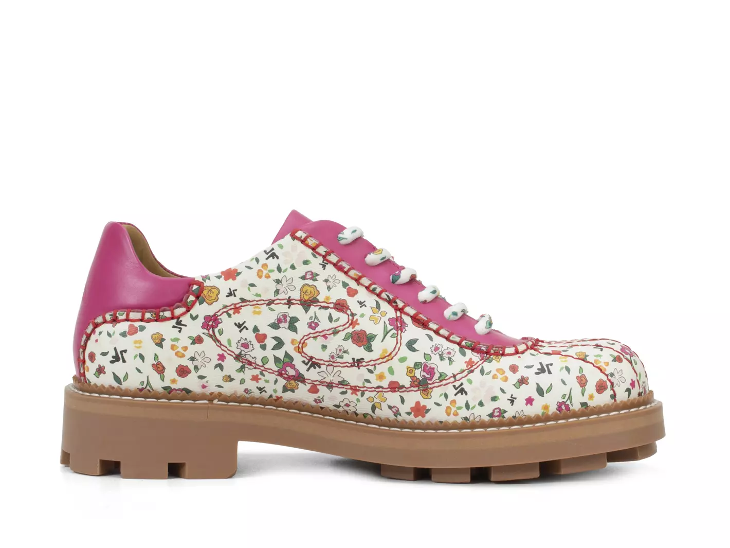 John Fluevog FW23 Ditsy Floral: 7th Heaven Hime pink floral retro contrast stitching detail